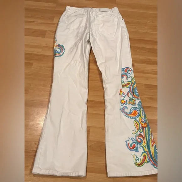 VTG Ralph Lauren White Flare Pants with Colorful Paisley Embroidery - Picture 8 of 9
